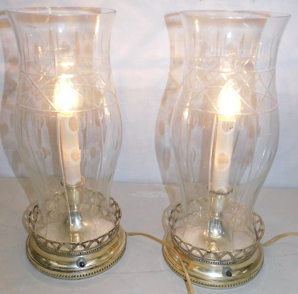 Pair Silver Plated Lamps With Etched Glass Shades  (1 of 5)