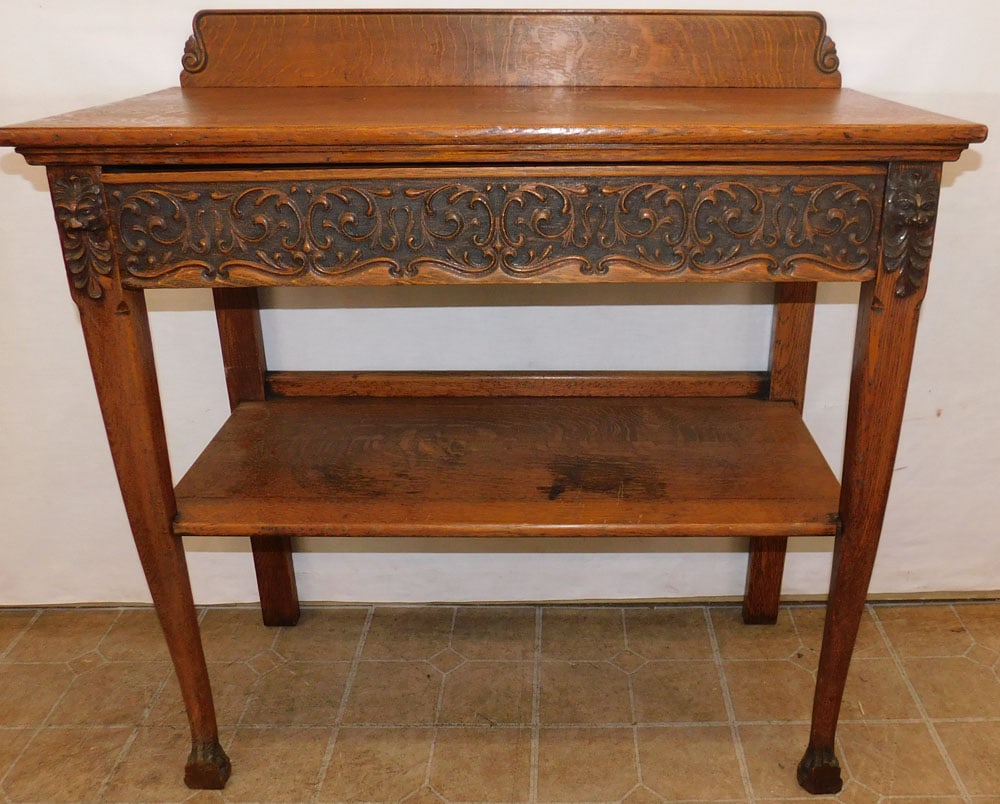 Antique Tiger Oak Carved Two Tier Server With Lion Heads & Paw Feet (1 of 9)