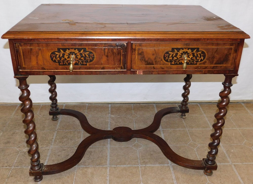 Antique Walnut Inlay Barley Twist Two Drawer Work Table (1 of 8)