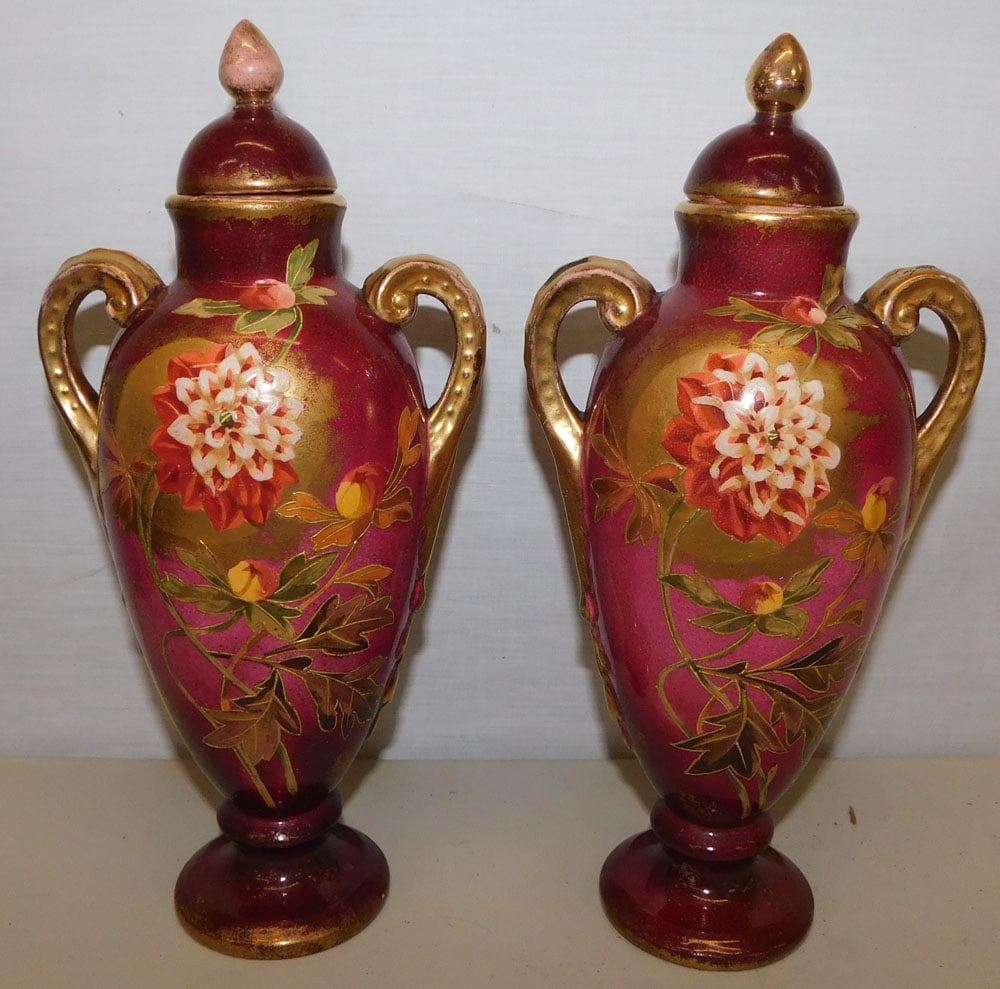 Pair Hand Painted Porcelain Covered Urns By Bonn (1 of 4)