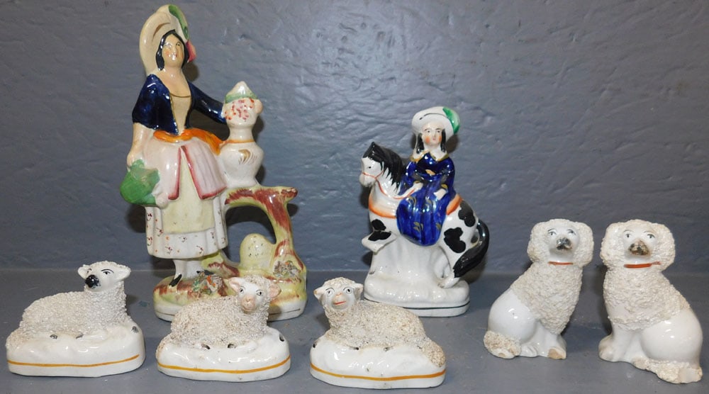 Lot Six Staffordshire Figurines: Lot Six Staffordshire Figurines. Up to 9" H ALL DESCRIPTIONS AND ANY CONDITION STATEMENT GIVEN BY LANGSTON AUCTION GALLERY ARE STRICTLY OPINIONS AND LANGSTON'S SHALL HAVE NO RESPONSIBILITY FOR ERRORS 
