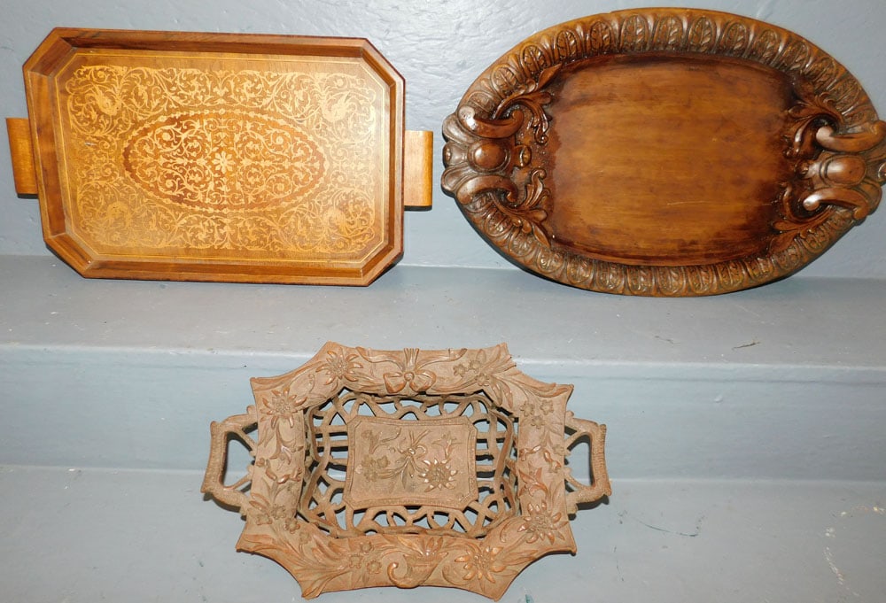 Wood Carved Basket - Inlaid Walnut Serving Tray - Black Forest Style Wood Tray (1 of 4)