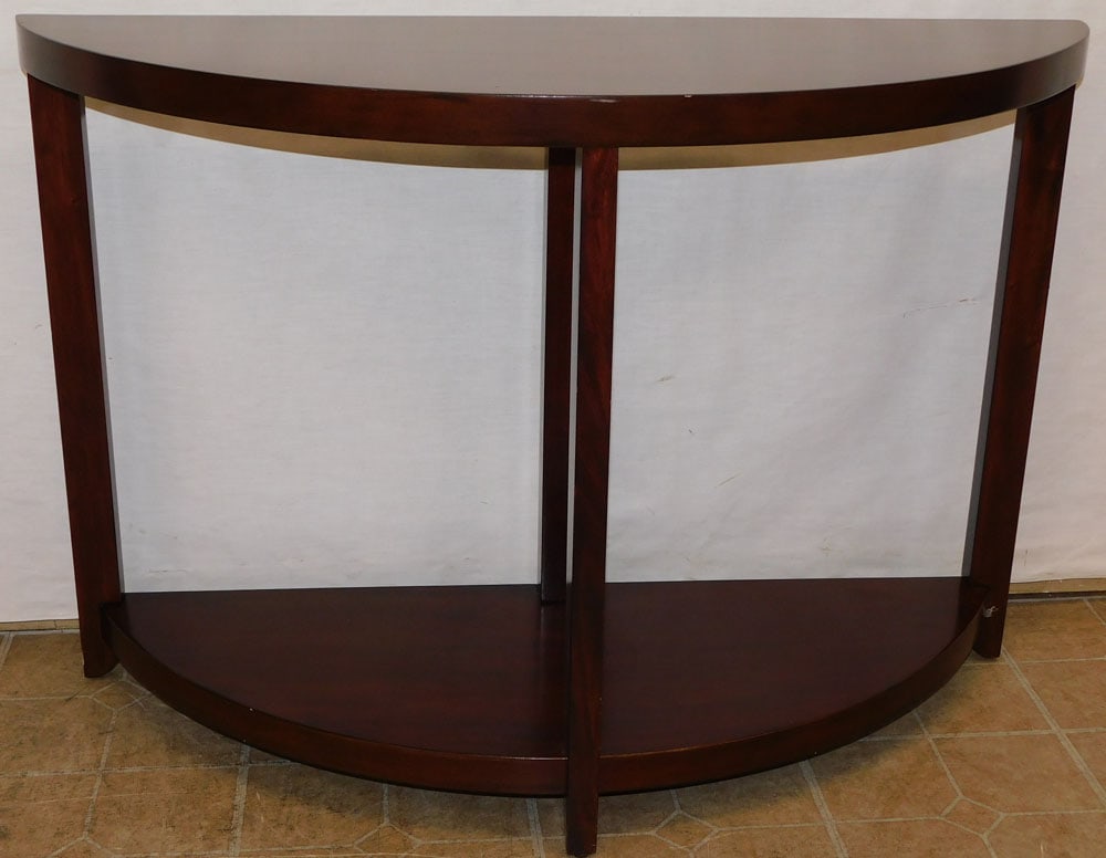 Modern Mahogany Demilune Console: Modern Mahogany Demilune Console. 44" W 16" D 30 1/4" H ALL DESCRIPTIONS AND ANY CONDITION STATEMENT GIVEN BY LANGSTON AUCTION GALLERY ARE STRICTLY OPINIONS AND LANGSTON'S SHALL HAVE NO RESPONSIBILITY