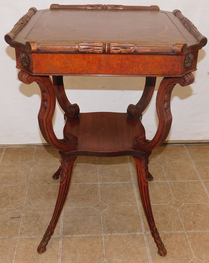 Carved Mahogany Tooled Leather Top Two Tier Lamp Table (1 of 3)
