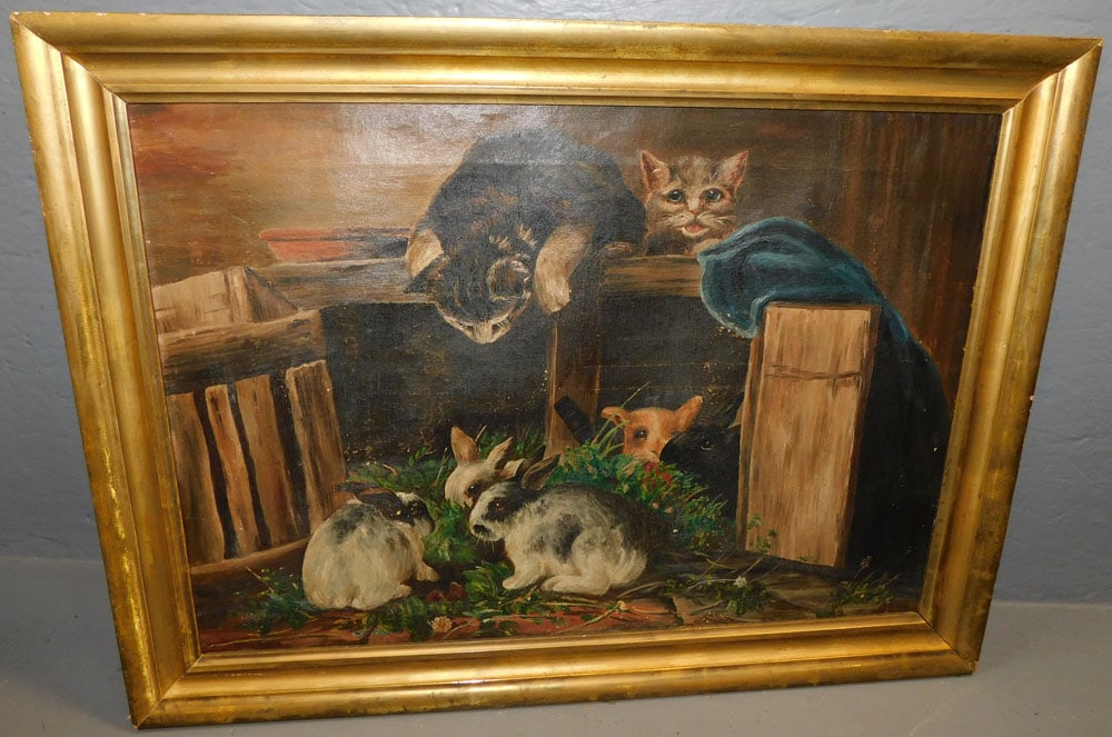 Antique Oil On Canvas Of Cats & Rabbits (1 of 3)