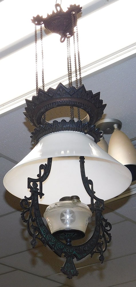 Metal Victorian & Milk Glass Shade Oil Chandelier: Metal Victorian & Milk Glass Shade Oil Chandelier. 35" H ALL DESCRIPTIONS AND ANY CONDITION STATEMENT GIVEN BY LANGSTON AUCTION GALLERY ARE STRICTLY OPINIONS AND LANGSTON'S SHALL HAVE NO RESPONSIBILIT