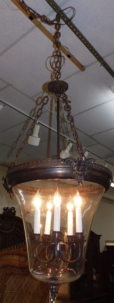 Brass & Glass Bell Form 5 Light Chandelier (1 of 5)