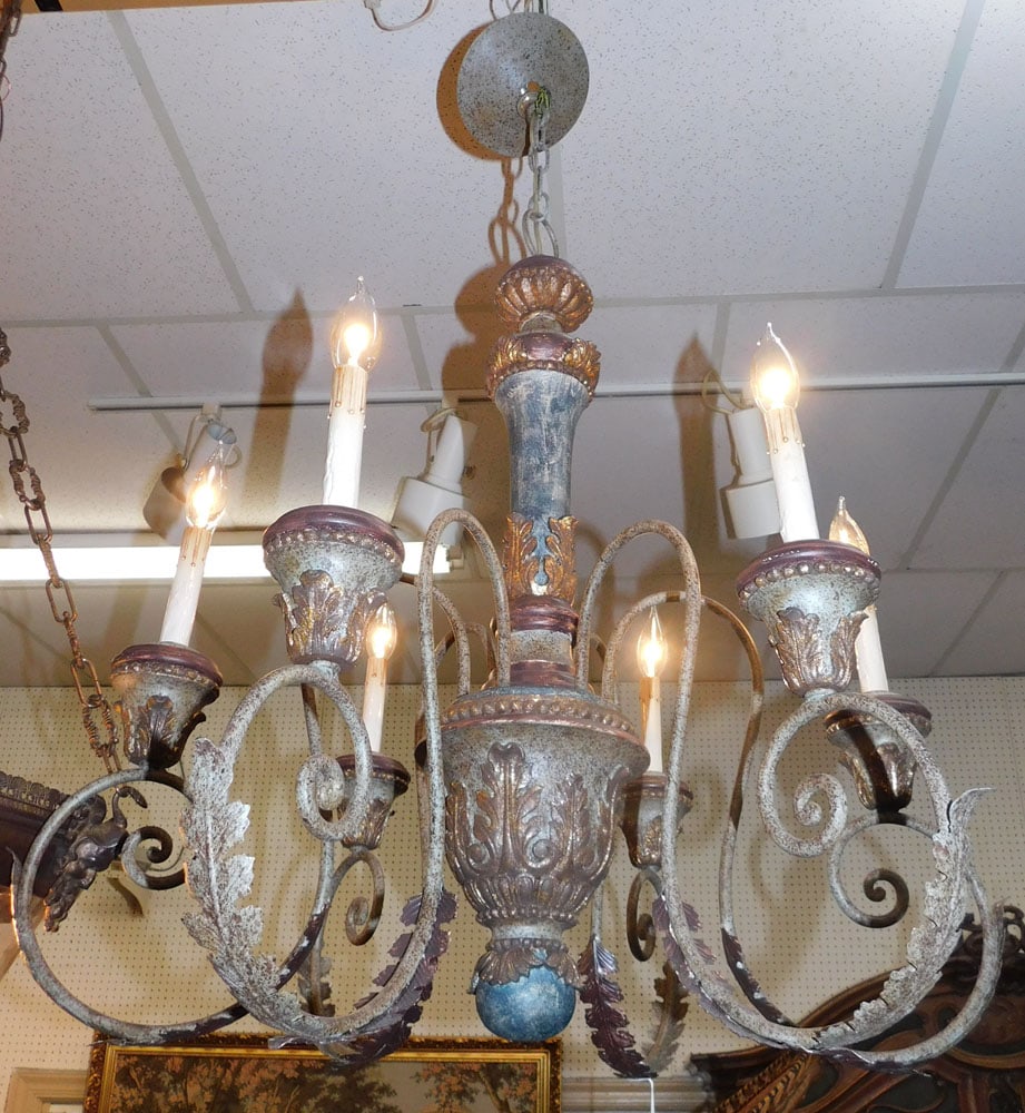 Painted Metal & Wood 6 Light Chandelier : Painted Metal & Wood 6 Light Chandelier . 30" H ALL DESCRIPTIONS AND ANY CONDITION STATEMENT GIVEN BY LANGSTON AUCTION GALLERY ARE STRICTLY OPINIONS AND LANGSTON'S SHALL HAVE NO RESPONSIBILITY FOR ERR