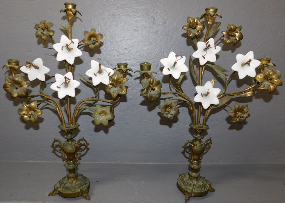 Pair of Gilded Bronze & Glass 3 Light Floral Candelabras (1 of 5)