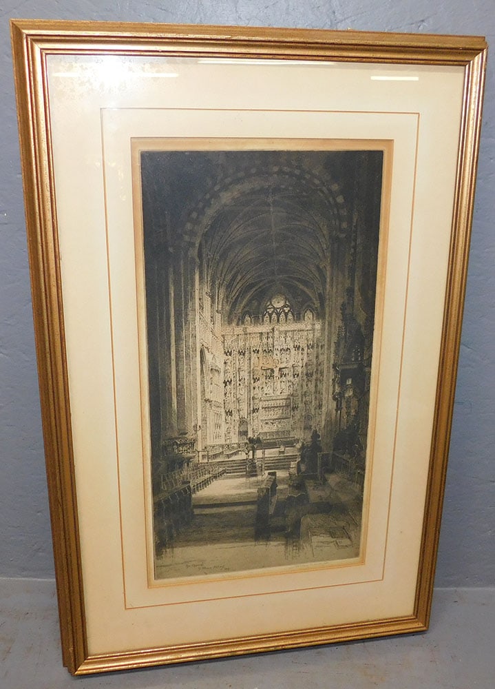 Framed Pencil Signed Black & White Engraving of Cathedral Interior  (1 of 6)
