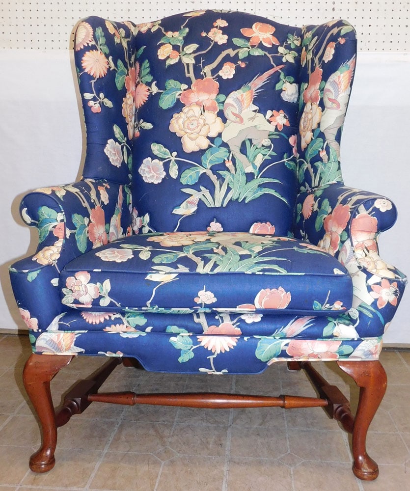 Mahogany Queen Anne Style Upholstered Wing Back Chair  (1 of 7)