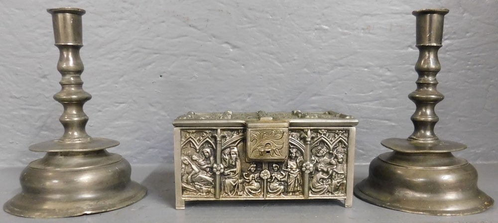 Pair of Pewter Bell Bottom Form Candlesticks & Pewter Trinket Box (1 of 4)