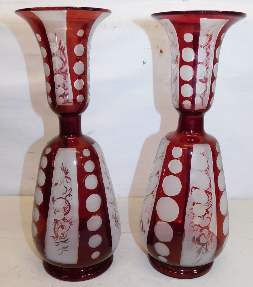Pair of Ruby Etched Glass Vases (1 of 3)