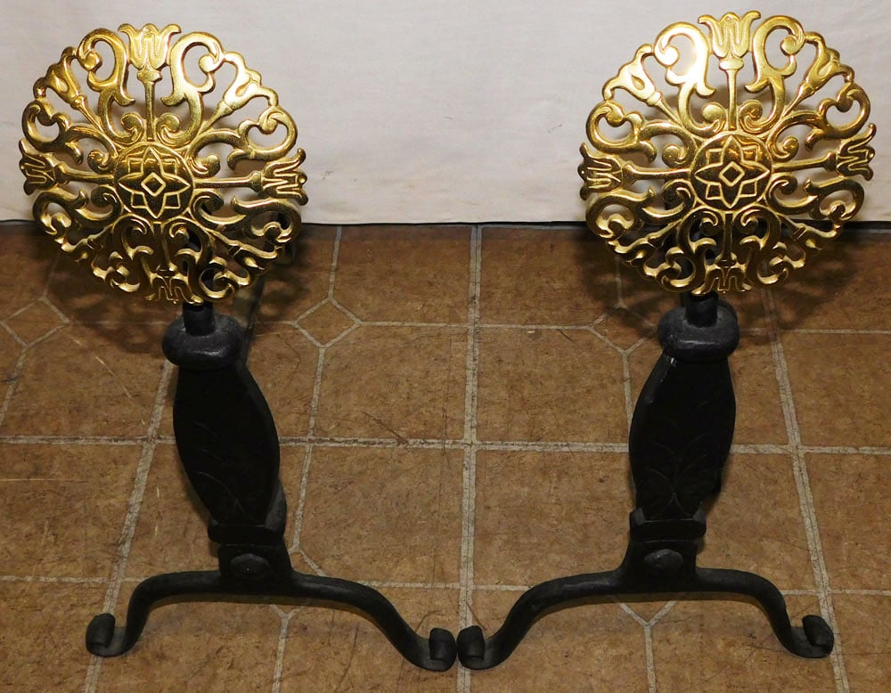Pair of Brass & Iron Sunburst Andirons by VA Metalcrafters: Pair of Brass & Iron Sunburst Andirons by VA Metalcrafters. 23" H ALL DESCRIPTIONS AND ANY CONDITION STATEMENT GIVEN BY LANGSTON AUCTION GALLERY ARE STRICTLY OPINIONS AND LANGSTON'S SHALL HAVE NO RESP