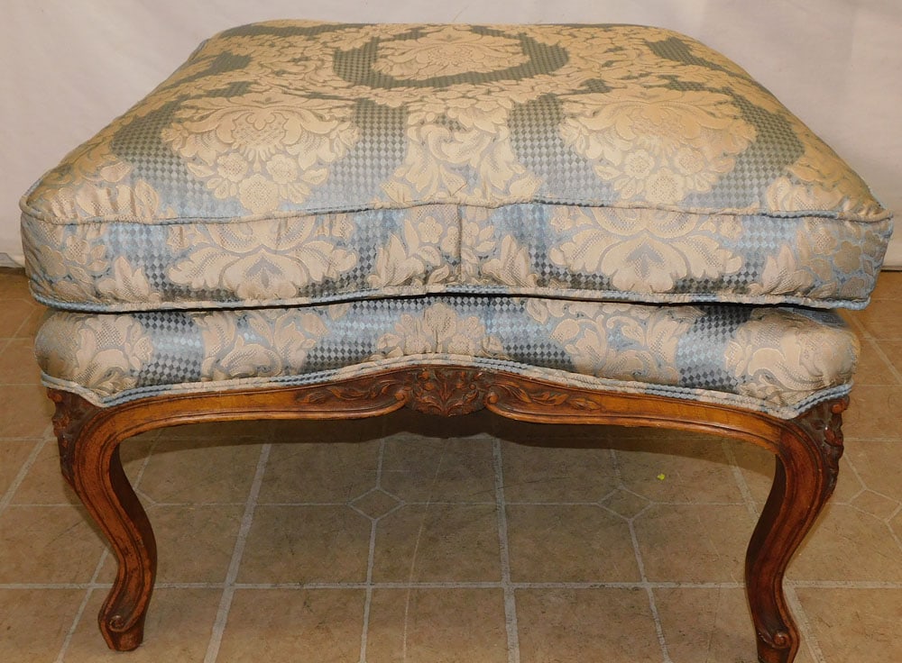 Antique Carved Walnut French Ottoman with Silk Upholstered Down Cushion (1 of 3)