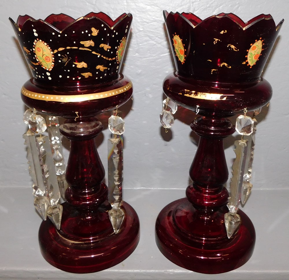 Pair of Antique Ruby Glass Lusters, (Missing Prisms) (1 of 3)