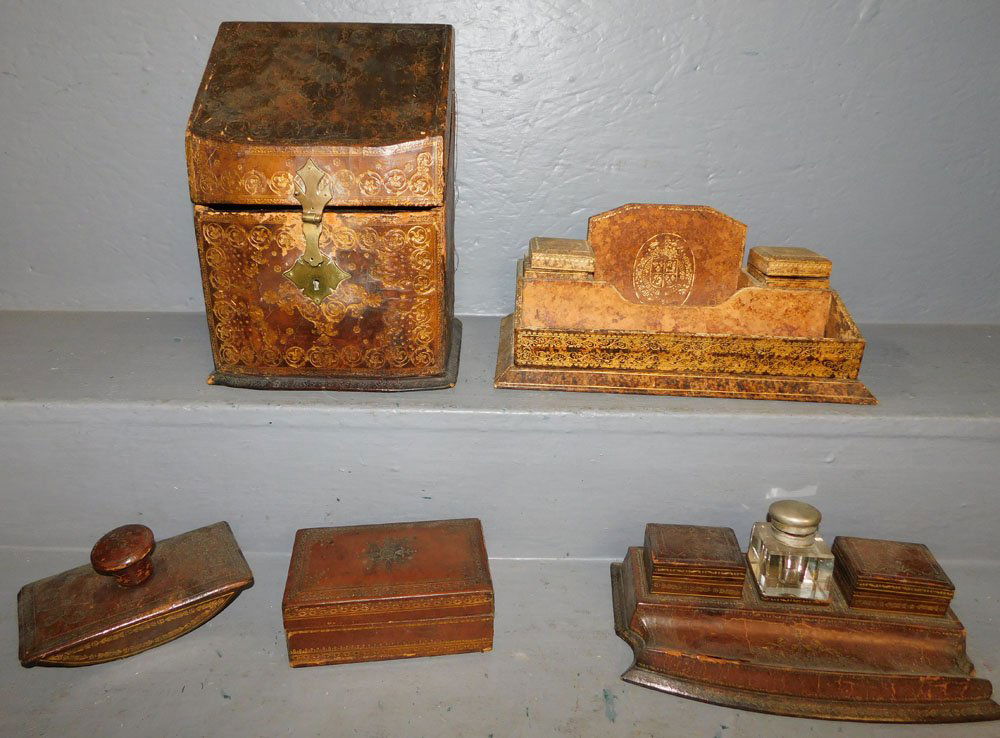 5 Antique Tooled Leather Desk Items (1 of 10)