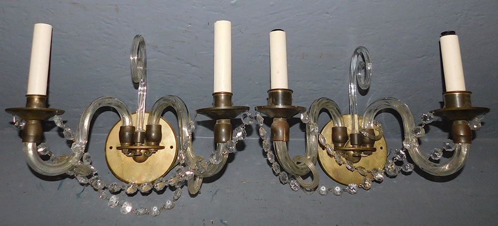 Pair of Brass & Crystal 2 Light Sconces  (1 of 3)