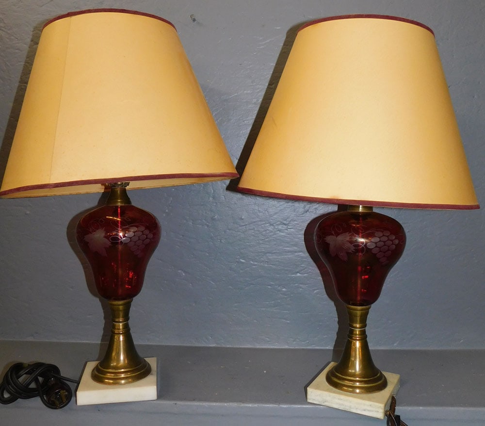 Pair of Cranberry Cut to Clear Font Marble Base Lamps (1 of 3)