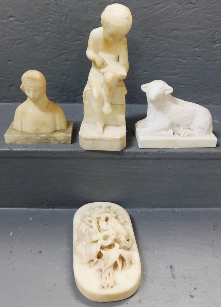 4 Alabaster Items: 4 Alabaster Items. 9 3/4" H ALL DESCRIPTIONS AND ANY CONDITION STATEMENT GIVEN BY LANGSTON AUCTION GALLERY ARE STRICTLY OPINIONS AND LANGSTON'S SHALL HAVE NO RESPONSIBILITY FOR ERRORS OR OMISSIONS. TH