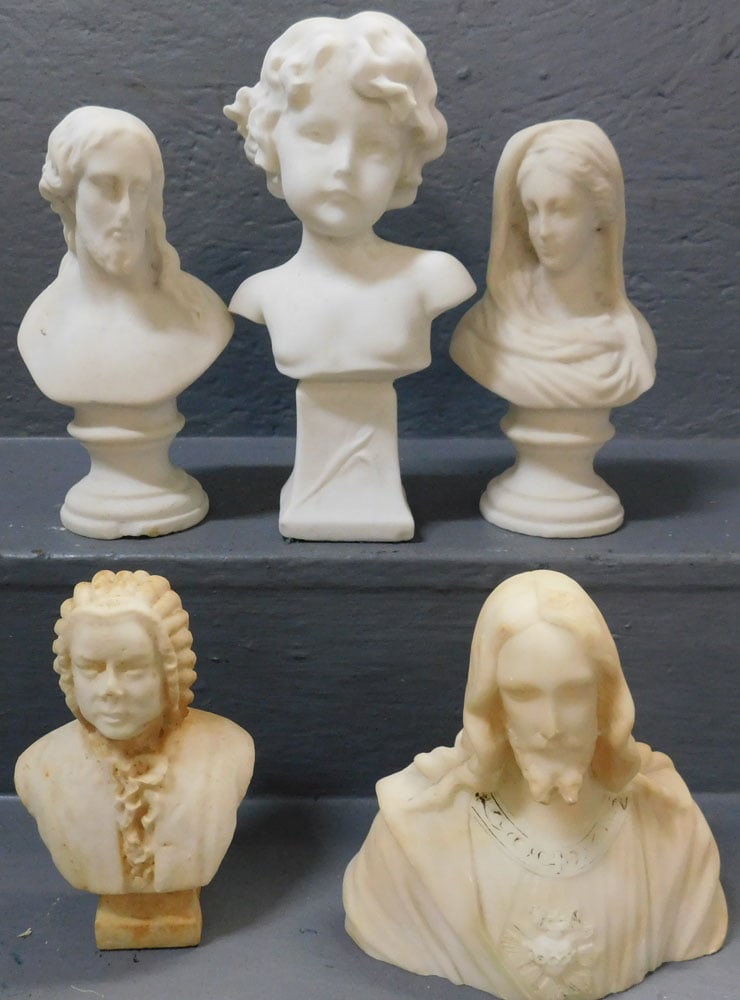 5 Alabaster Busts: 5 Alabaster Busts. Up to 10 1/4" H ALL DESCRIPTIONS AND ANY CONDITION STATEMENT GIVEN BY LANGSTON AUCTION GALLERY ARE STRICTLY OPINIONS AND LANGSTON'S SHALL HAVE NO RESPONSIBILITY FOR ERRORS OR OMISSI