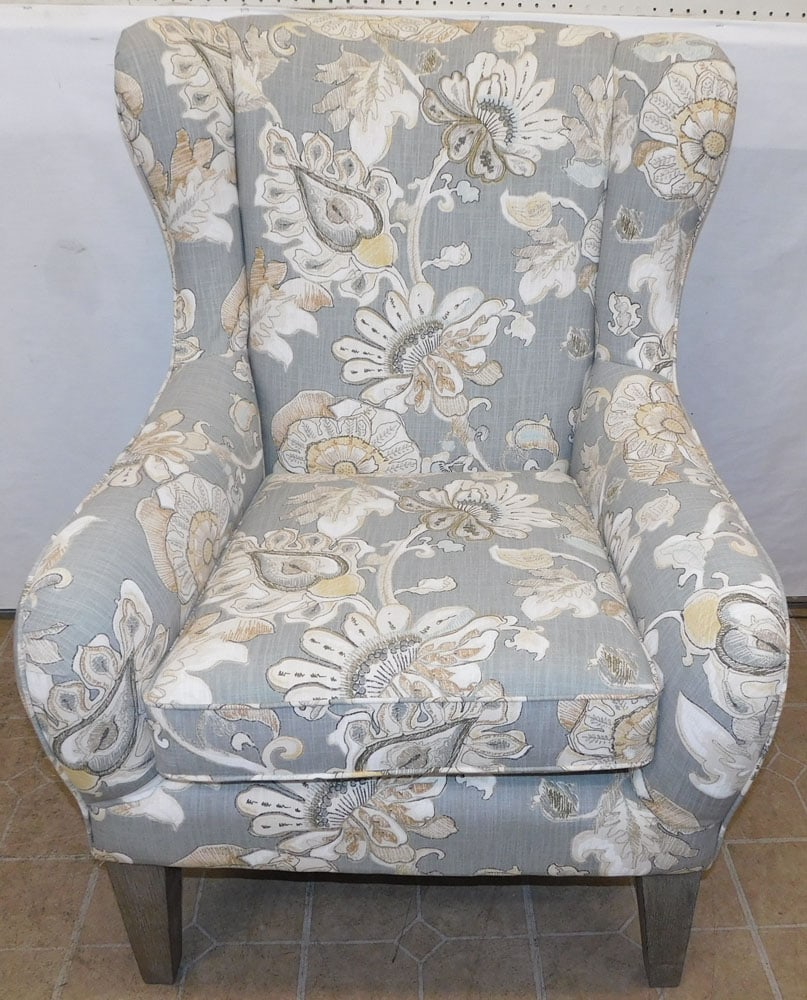 Modern Upholstered Wing Back Chair: Modern Upholstered Wing Back Chair. 43" H ALL DESCRIPTIONS AND ANY CONDITION STATEMENT GIVEN BY LANGSTON AUCTION GALLERY ARE STRICTLY OPINIONS AND LANGSTON'S SHALL HAVE NO RESPONSIBILITY FOR ERRORS OR