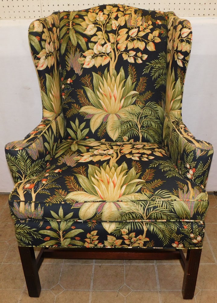 Upholstered Wing Back Chair : Upholstered Wing Back Chair . 45 1/2" H ALL DESCRIPTIONS AND ANY CONDITION STATEMENT GIVEN BY LANGSTON AUCTION GALLERY ARE STRICTLY OPINIONS AND LANGSTON'S SHALL HAVE NO RESPONSIBILITY FOR ERRORS OR O