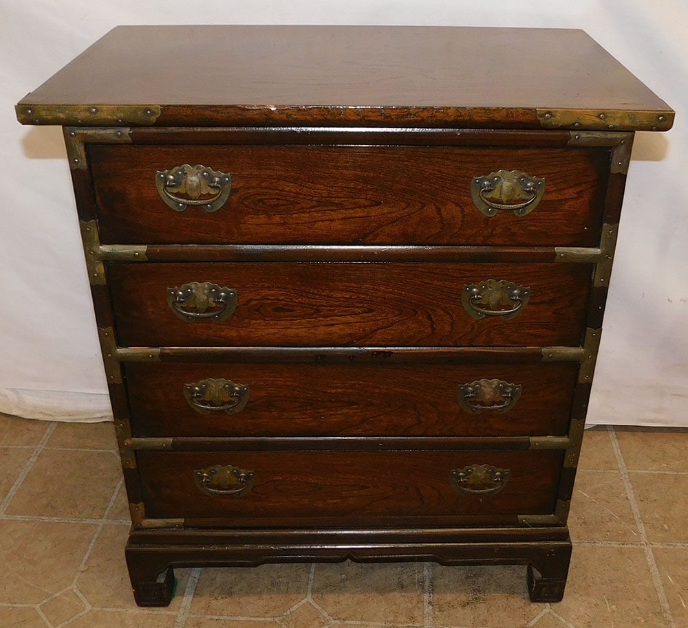 Diminutive Elmwood Korean 4 Drawer Chest: Diminutive Elmwood Korean 4 Drawer Chest. 23" W 14" D 25 1/2" H ALL DESCRIPTIONS AND ANY CONDITION STATEMENT GIVEN BY LANGSTON AUCTION GALLERY ARE STRICTLY OPINIONS AND LANGSTON'S SHALL HAVE NO RESPON