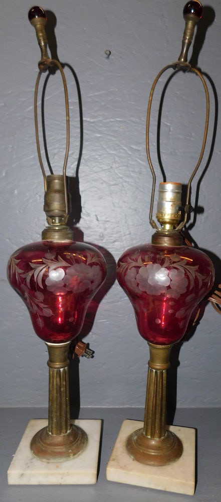 Antique Ruby Cut to Clear Marble Base Lamp (1 of 3)