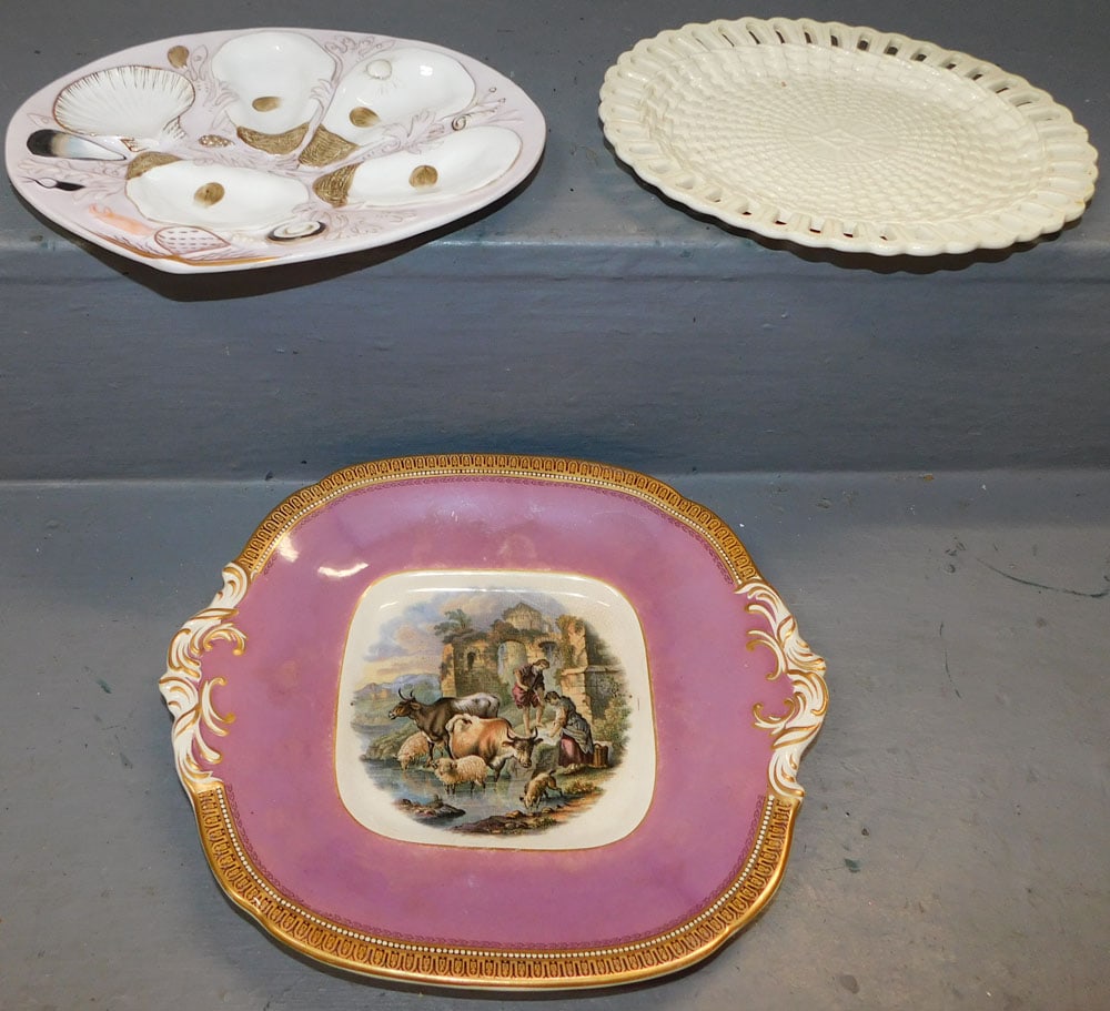 Porcelain Oyster Plate, Cream Ware Open Work Platter, & Antique Decorated Porcelain Bowl (1 of 4)
