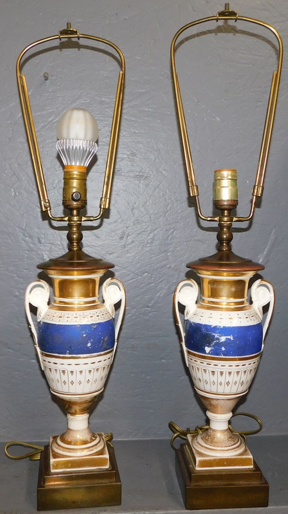 Pair of Antique Old Paris Urn Lamps: Pair of Antique Old Paris Urn Lamps. 27" H ALL DESCRIPTIONS AND ANY CONDITION STATEMENT GIVEN BY LANGSTON AUCTION GALLERY ARE STRICTLY OPINIONS AND LANGSTON'S SHALL HAVE NO RESPONSIBILITY FOR ERRORS O