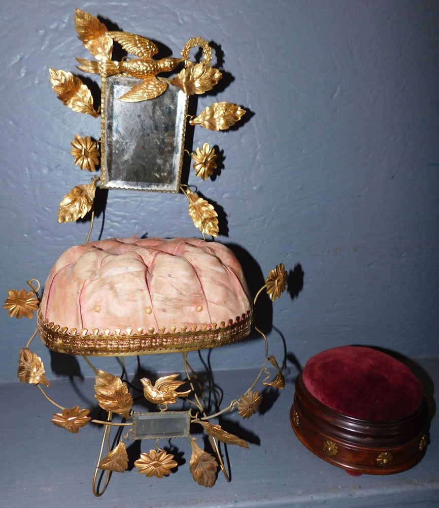 Victorian Walnut Pin Cushion & Gilded Metal Pin Cushion with Mirror (1 of 5)