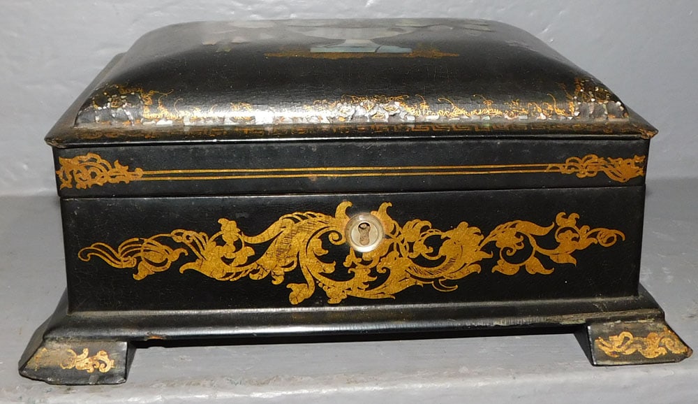 Antique Black Lacquered Paper Mache Mother of Pearl Inlaid Dresser Box  (1 of 3)