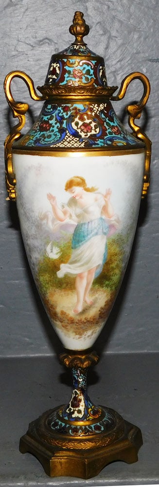 Antique Hand Painted Porcelain & Cloisonne Urn Signed (1 of 3)
