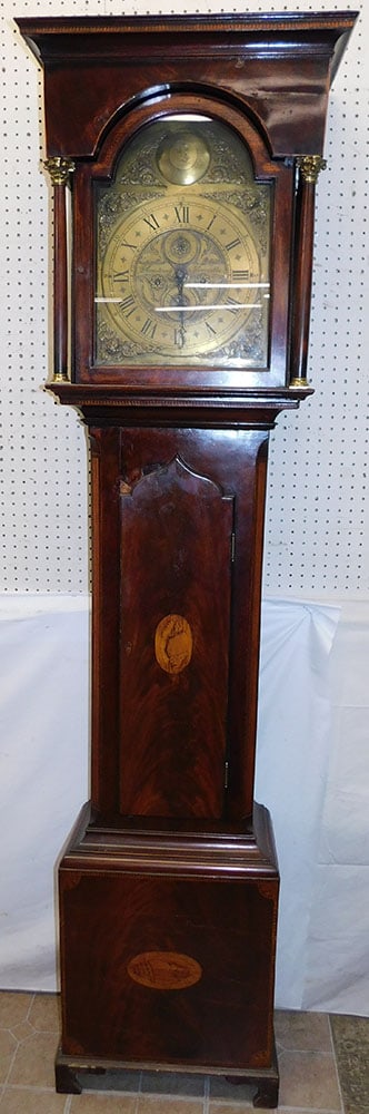 19th Mahogany Brass Dial Conch Shell Inlaid Grandfather Clock by J. Armstrong New Castle (1 of 8)