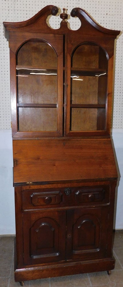 Antique Walnut Secretary with Glass Doors: Antique Walnut Secretary with Glass Doors. 32" W 17 3/4" D 77 1/2" H ALL DESCRIPTIONS AND ANY CONDITION STATEMENT GIVEN BY LANGSTON AUCTION GALLERY ARE STRICTLY OPINIONS AND LANGSTON'S SHALL HAVE NO R