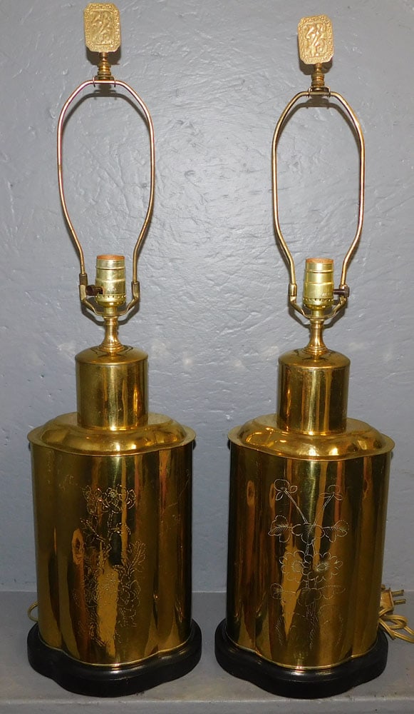 Pair of Oriental Brass Tea Cannisters Made Into Lamps (1 of 3)