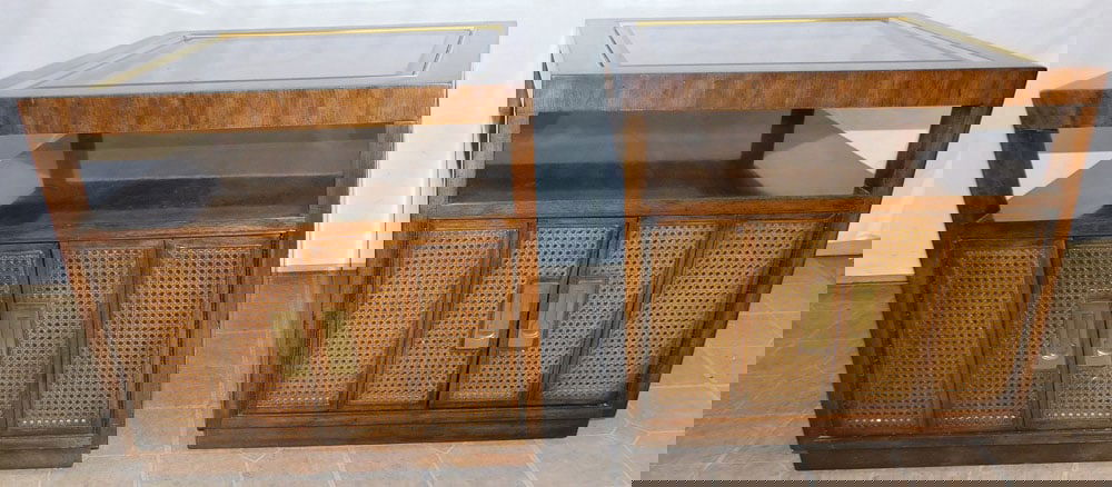 Pair of Mid Century Modern Walnut & Cane Glass Top End Tables  (1 of 6)