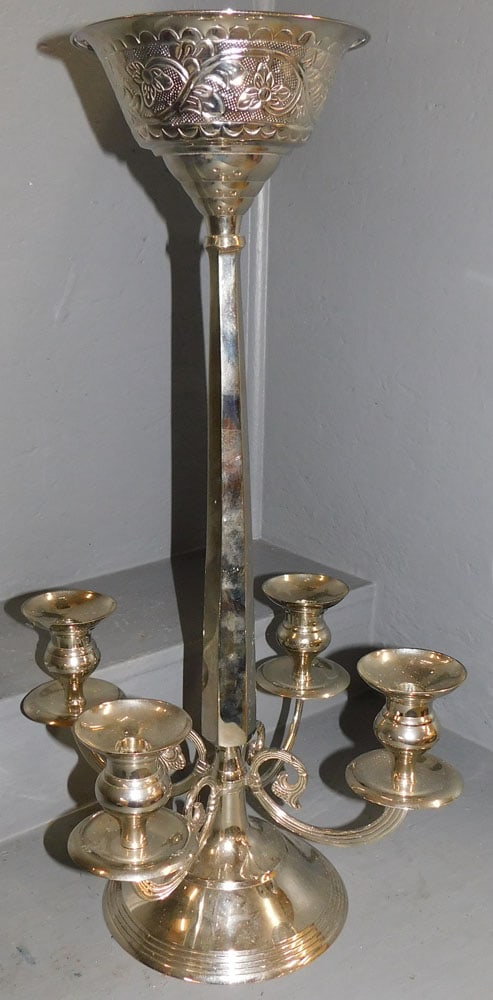 Silverplated Candelabra with Epergne Top: Silverplated Candelabra with Epergne Top. 27 1/2" H ALL DESCRIPTIONS AND ANY CONDITION STATEMENT GIVEN BY LANGSTON AUCTION GALLERY ARE STRICTLY OPINIONS AND LANGSTON'S SHALL HAVE NO RESPONSIBILITY FOR