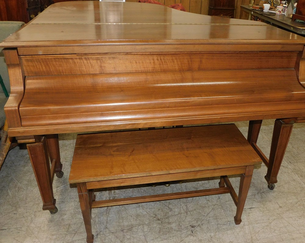 Walnut Baby Grand Piano by Wm Kanabe with Bench: Walnut Baby Grand Piano by Wm Kanabe with Bench. 59 1/2" W 69" L 40" H ALL DESCRIPTIONS AND ANY CONDITION STATEMENT GIVEN BY LANGSTON AUCTION GALLERY ARE STRICTLY OPINIONS AND LANGSTON'S SHALL HAVE NO