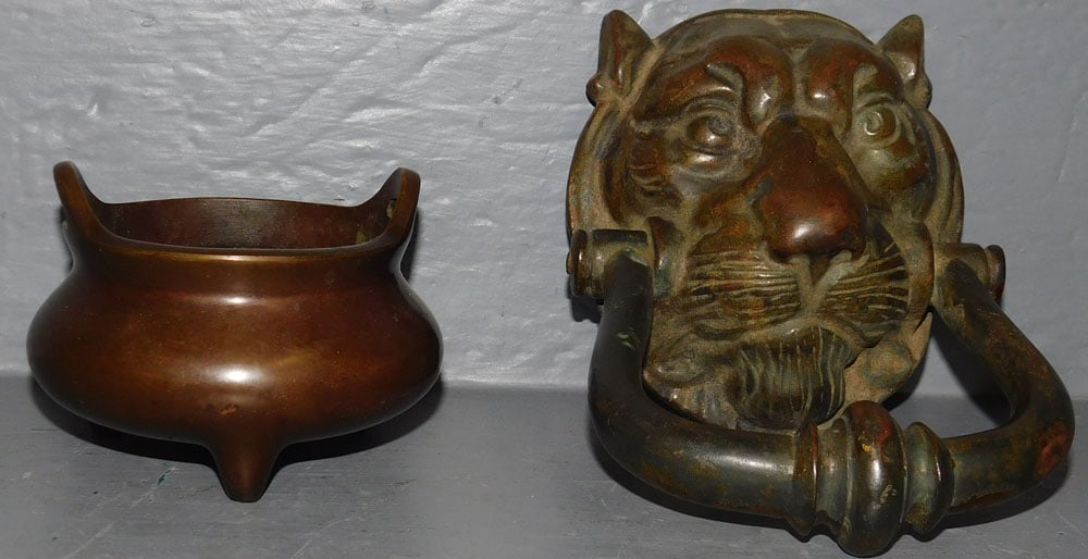 Antique Bronze Lion Head Door Knocker & Bronze Oriental Pot With Character Mark (1 of 3)
