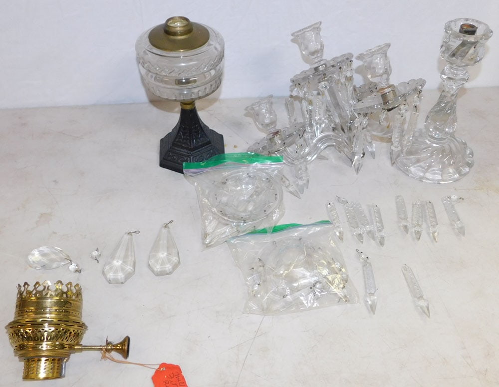 Antique Oil Lamp - As Is Glass Candelabra: Antique Oil Lamp - As Is Glass Candelabra. ALL DESCRIPTIONS AND ANY CONDITION STATEMENT GIVEN BY LANGSTON AUCTION GALLERY ARE STRICTLY OPINIONS AND LANGSTON'S SHALL HAVE NO RESPONSIBILITY FOR ERRORS O