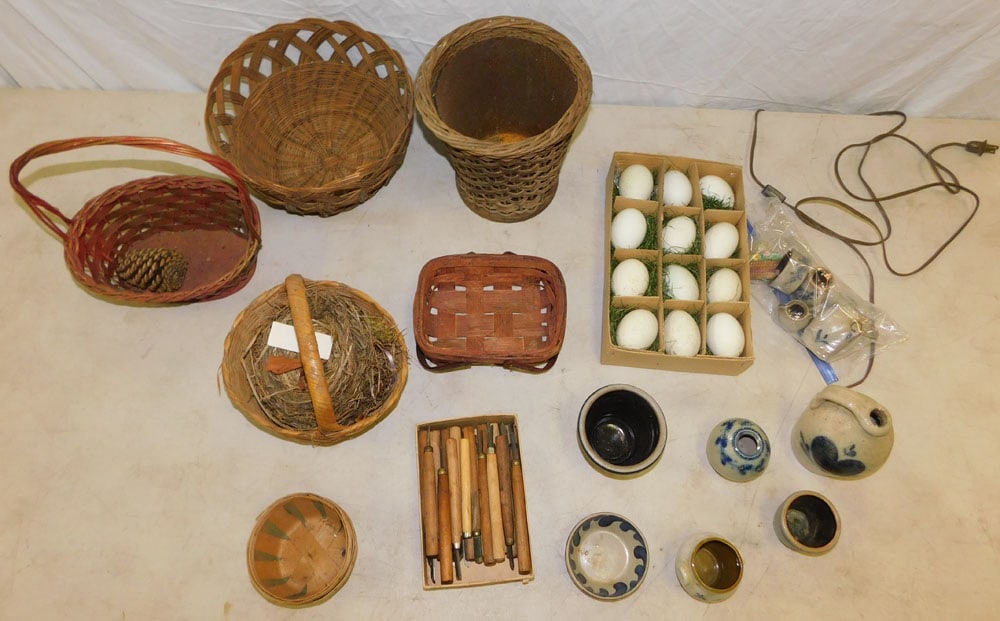 Lot Baskets - Wood Chisels - Faux Eggs - Rowe Pottery: Lot Baskets - Wood Chisels - Faux Eggs - Rowe Pottery. ALL DESCRIPTIONS AND ANY CONDITION STATEMENT GIVEN BY LANGSTON AUCTION GALLERY ARE STRICTLY OPINIONS AND LANGSTON'S SHALL HAVE NO RESPONSIBILITY 