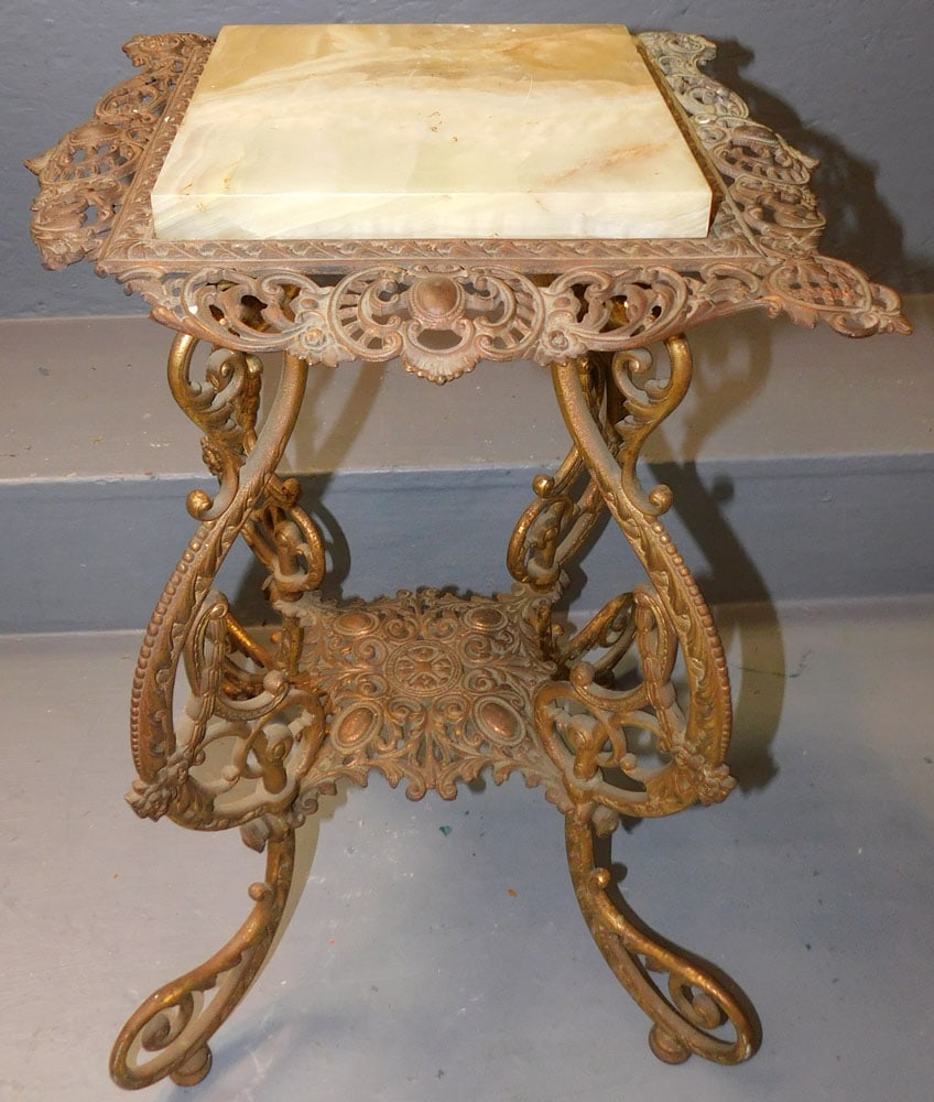 Antique Metal Stand With Onyx Top ( Corner Broken) (1 of 5)