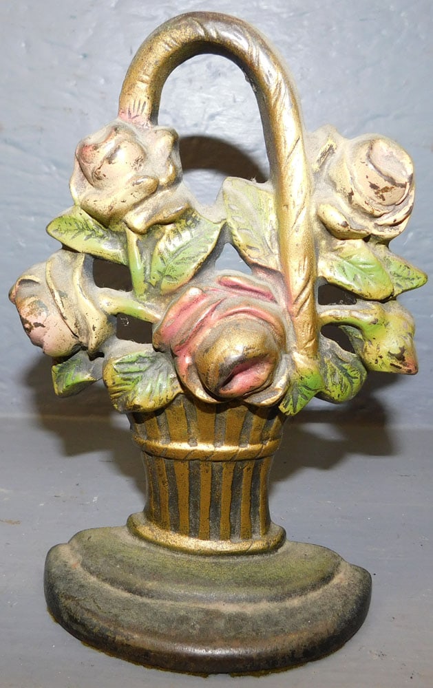 Antique Painted Cast Iron Flower Basket Door Stop (1 of 2)