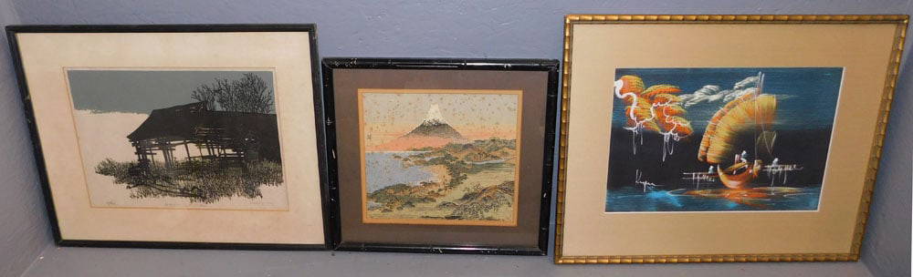 Framed Watercolor - Framed Print - Framed Silk Embroidery: Framed Watercolor - Framed Print - Framed Silk Embroidery. Up to 22" x 17 1/2" ALL DESCRIPTIONS AND ANY CONDITION STATEMENT GIVEN BY LANGSTON AUCTION GALLERY ARE STRICTLY OPINIONS AND LANGSTON'S SHALL