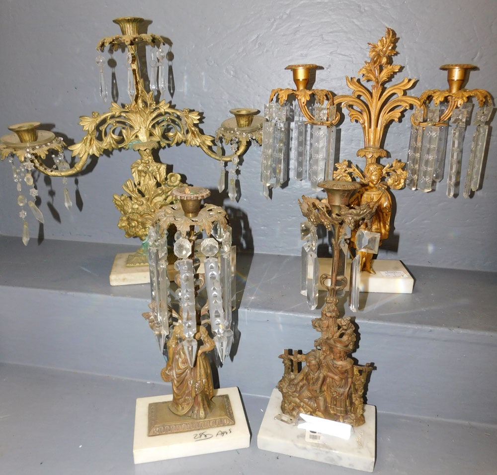 Lot Four Brass Marble Base Girandoles: Lot Four Brass Marble Base Girandoles. Up to 16" H ALL DESCRIPTIONS AND ANY CONDITION STATEMENT GIVEN BY LANGSTON AUCTION GALLERY ARE STRICTLY OPINIONS AND LANGSTON'S SHALL HAVE NO RESPONSIBILITY FOR 