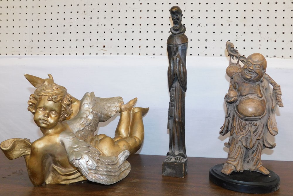 Oriental Composite Buddha - Wood Carved Statue - Composite Cupid: Oriental Composite Buddha - Wood Carved Statue - Composite Cupid. Up to 17 1/2" H ALL DESCRIPTIONS AND ANY CONDITION STATEMENT GIVEN BY LANGSTON AUCTION GALLERY ARE STRICTLY OPINIONS AND LANGSTON'S SH