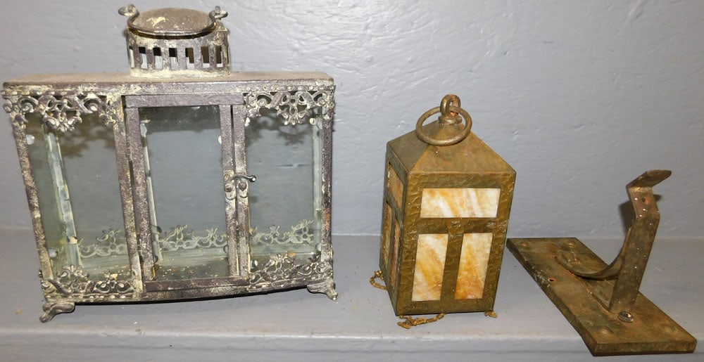 Metal & Glass Lantern & Slag Glass Sconce: Metal & Glass Lantern & Slag Glass Sconce. Up to 12 1/2" H ALL DESCRIPTIONS AND ANY CONDITION STATEMENT GIVEN BY LANGSTON AUCTION GALLERY ARE STRICTLY OPINIONS AND LANGSTON'S SHALL HAVE NO RESPONSIBIL