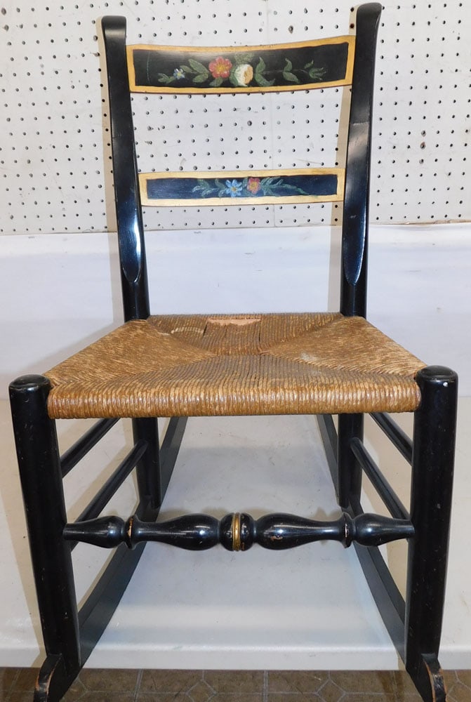 Black Lacquered Ladder Back Rush Bottom Rocker (1 of 4)